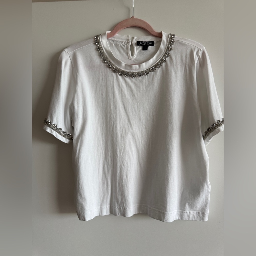 J. Crew White Short Sleeve Top with Silver Accents